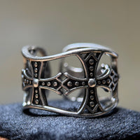 Vintage Cross Beaded Ring, Silver Gothic Adjustable Band（R04/06）