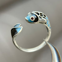 925 Sterling Silver Fish Ring, Enamel Crafted Size Adjustable, Innocent Little Fish(RR07)